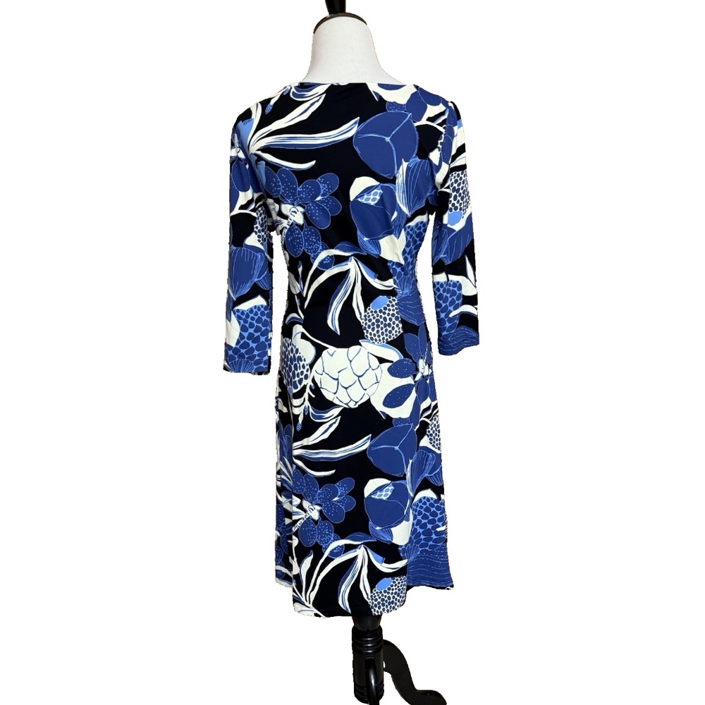 J McLaughlin Size S Blue Floral Catalina Cloth Ruched Sheath Dress 3/4 Sleeve - Picture 2 of 15